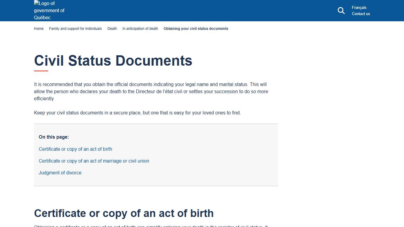Civil Status Documents Gouvernement du Québec