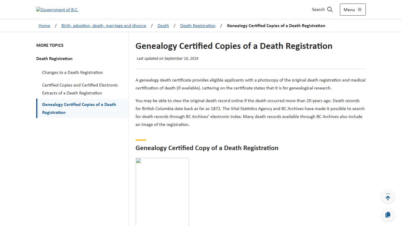 Genealogy Certified Copies of a Death Registration - Province of British Columbia